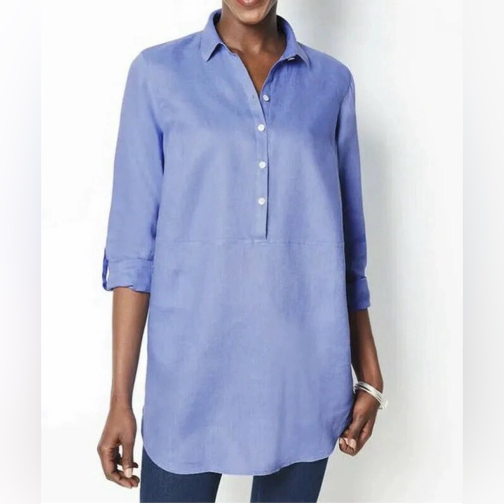 J. Jill Love Linen Collared Tunic Shirt Light Blue Pockets Small Coastal Preppy